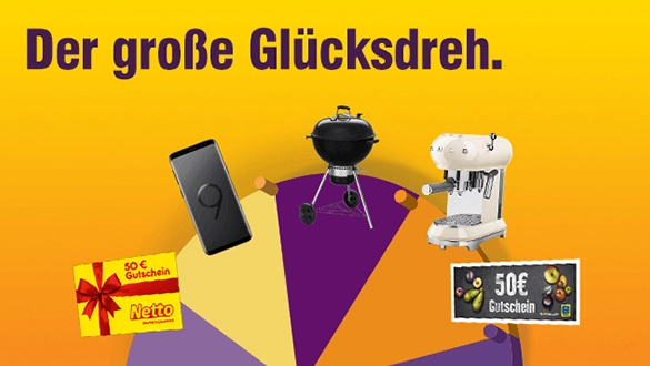 Glücksrad mit Smartphone, Grill, Kaffeemaschine und Gutscheinen als Preise.